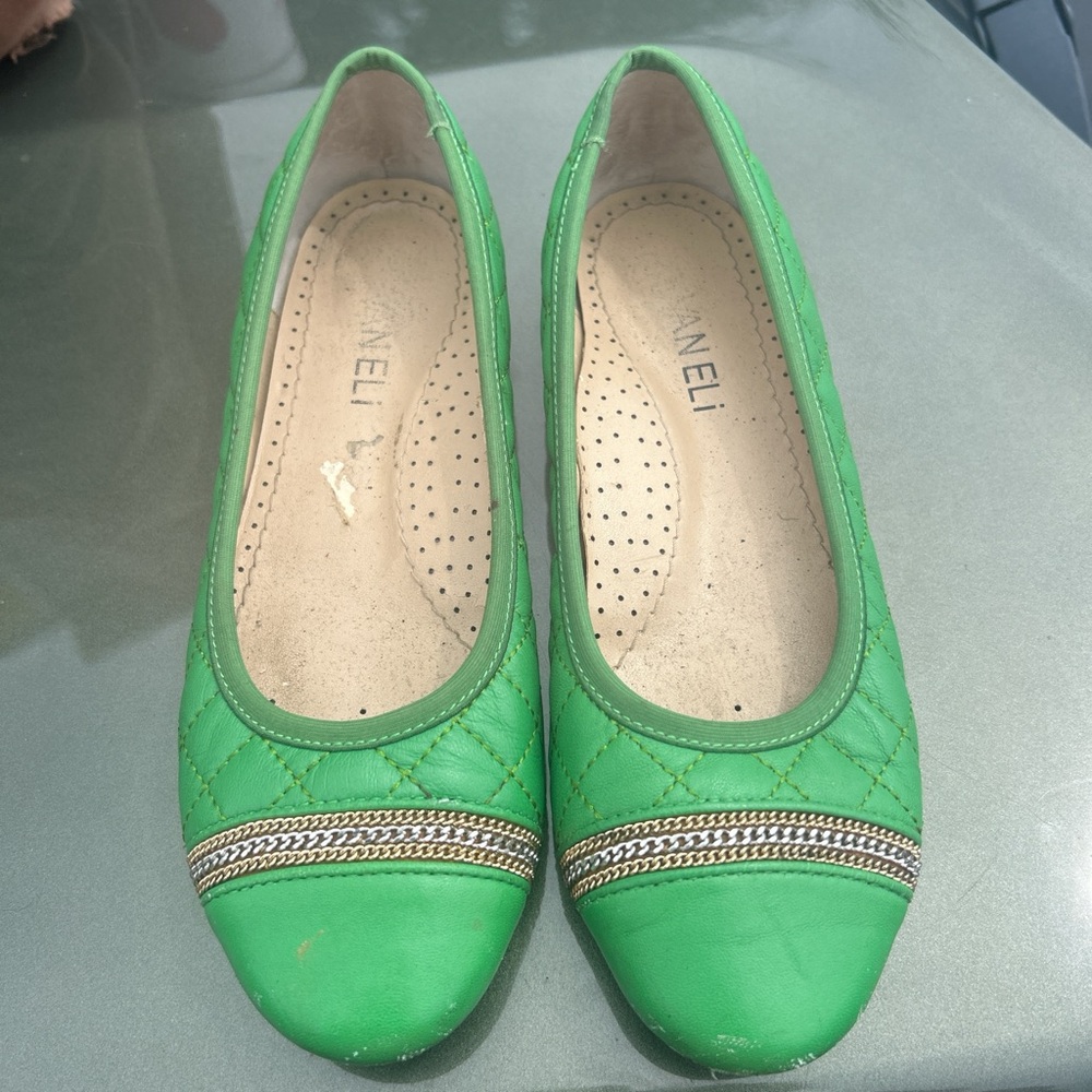 Vaneli Green Ballet Flats with Metallic Trim
